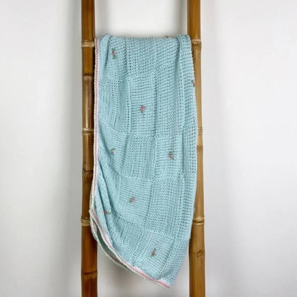 Vintage Blue Crochet Rosebud Handmade Blanket